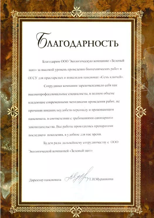 Благодарность от ОГСУ для престарелых и инвалидов пансионат «Семь ключей»
